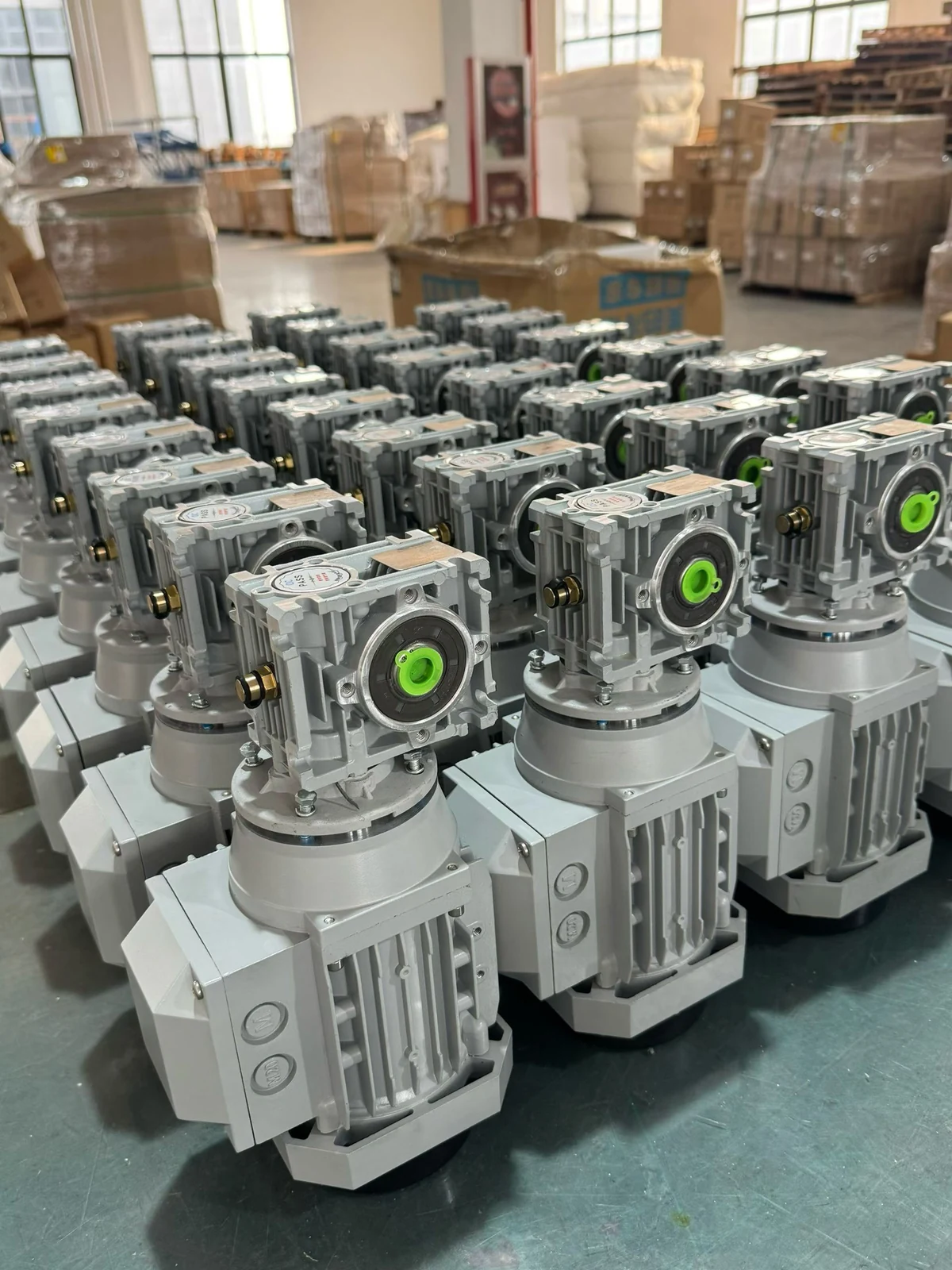 Finished SMK gear motors organized for customer order preparation